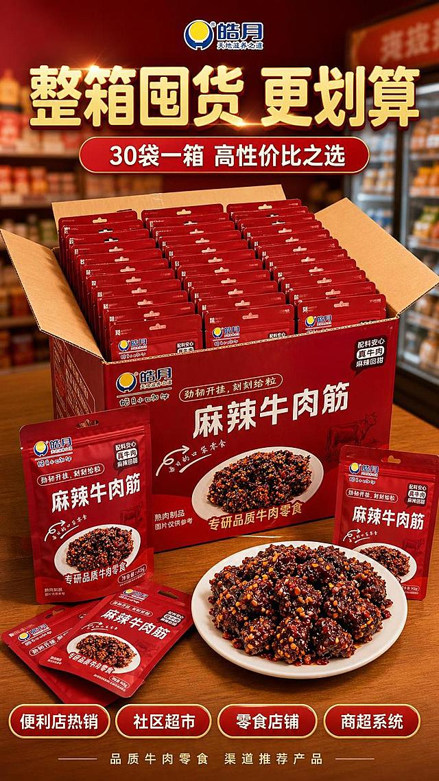 [第8张] 详情页囤货收尾-皓月麻辣牛肉筋整箱装渠道推荐。本张使用【图4】作为单袋包装，生成整箱陈列效果。
[氛围/风格] 囤货转化风，丰盛实惠感，商业摄影质感，渠道信任背书。
[元素布局] 画面中下部为整箱陈列：一箱皓月麻辣牛肉筋打开，里面整齐排列30袋红色小包装，旁边散落几袋独立包装+一盘牛肉粒实物，占比约60%；包装箱为红色系，与袋装风格统一；背景为商超货架/便利店冷柜虚化场景，有渠道氛围；上方留标题区，下方有渠道推荐标签区；单袋包装外观与图4一致。
[光影质感] 顶部暖光主光源，整箱立体感强，包装袋排列整齐有光泽，牛肉粒油亮，整体明亮丰盛。
[配色色系] 全局底色 #6B1212 深红渐变至底部暖棕；主色正红+金色；辅助色米白、牛肉深红。
[视角构图] 微俯视整箱陈列，箱装为视觉中心，阅读动线顶部标题→中部整箱→底部渠道标签。
[文字版式] 顶部大标题「整箱囤货 更划算」，副标题「30袋一箱 高性价比之选」，圆角黑体粗字，金色带光效；底部四个渠道推荐胶囊横向排列：「便利店热销」「社区超市」「零食店铺」「商超系统」，红底白字金边；最下方小字「品质牛肉零食 渠道推荐产品」；文字清晰有冲击力。
[比例分辨率] 9:16 竖版比例，4K分辨率，文字清晰可辨，高清画质。
[负向提示词] 包装变形，数量不对，文字错乱，水印，颜色偏差，整箱不整齐。