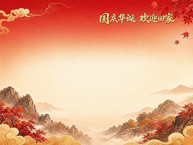 基于参考图进行修改：保留国庆红金背景风格、金色祥云、红枫叶片、庐山秋山剪影等所有背景元素和整体氛围。将主标题"国庆华诞 欢迎回家"缩小后移动到画面右上角位置，字号约为原图的1/3，金色书法字体。删除画面中所有其他文字，包括副标题"庐山别墅村宾馆·山中秋宴"、正文全部内容、落款"庐山别墅村宾馆"，全部移除干净。画面中央及其他区域只保留纯净的背景画面，无任何多余文字。整体风格、配色、背景元素与原图保持一致。横版构图，超高清。
