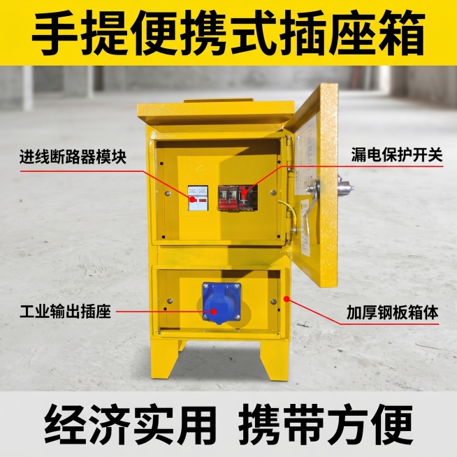 [主图-2] 手提插座箱核心结构展示，氛围风格：硬核工业细节风，工地场景；画质：商业摄影质感、光线明快通透、产品清晰真实、画面干净高级。元素：黄色手提插座箱居中，保留原产品外观结构颜色材质绝对一致，杜预览效果