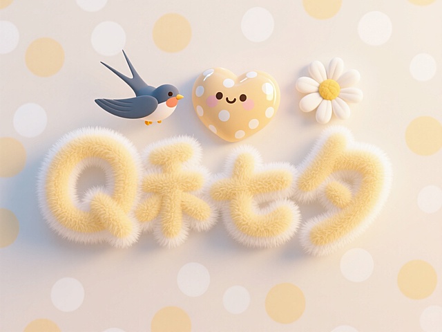 3D卡通风格，毛茸茸的“七夕”字样，小鸟与笑脸心形拟人化，营造可爱温馨节日氛围。