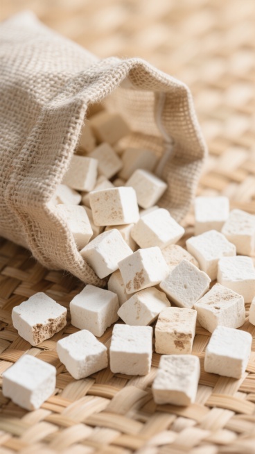 一张干净风格的茯苓背景素材图片，特写展示了大量白色的茯苓块状物，它们大小不一，表面略带自然纹理和细微的浅褐色斑点，散落在编织纹理清晰的浅棕色竹席上，部分茯苓块从一个开口的粗麻布麻袋中倾泻而出，麻袋的编织纹路粗糙自然，整体画面光线明亮柔和，以俯视角构图，茯苓块的立体感和竹席、麻袋的质感细节丰富，色调以白色、浅棕色为主，营造出纯净、自然、质朴的氛围，适合作为背景素材使用。预览效果