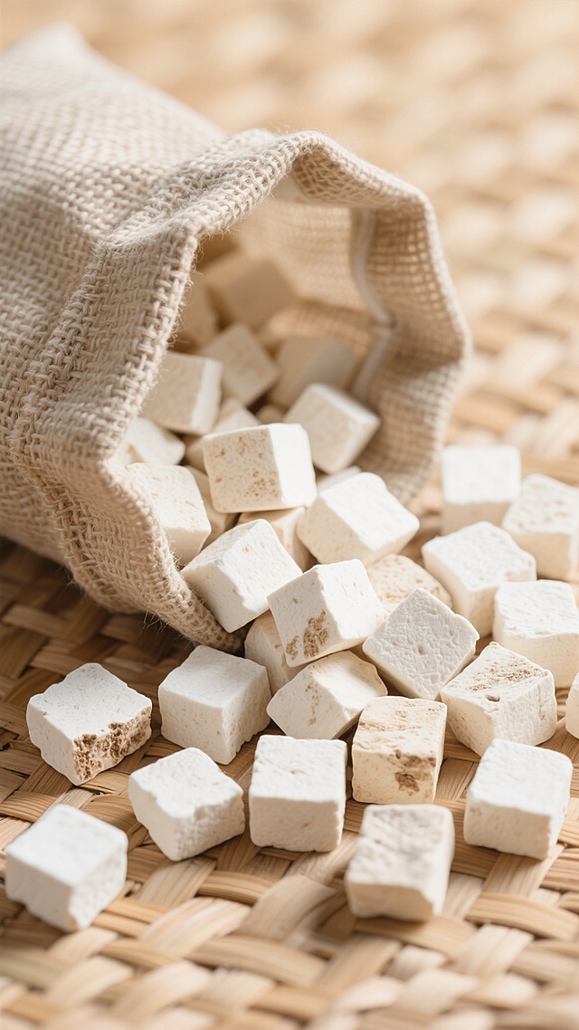 一张干净风格的茯苓背景素材图片，特写展示了大量白色的茯苓块状物，它们大小不一，表面略带自然纹理和细微的浅褐色斑点，散落在编织纹理清晰的浅棕色竹席上，部分茯苓块从一个开口的粗麻布麻袋中倾泻而出，麻袋的编织纹路粗糙自然，整体画面光线明亮柔和，以俯视角构图，茯苓块的立体感和竹席、麻袋的质感细节丰富，色调以白色、浅棕色为主，营造出纯净、自然、质朴的氛围，适合作为背景素材使用。