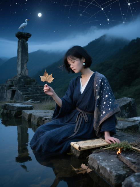 她坐在一座藏于深山的废弃观星台残垣上，半身沐浴在子夜清冷的月华中。镜头以中近景捕捉她从腰际至头顶的姿态：一袭玄青色苎麻长衣松松系带，衣襟微敞，露出内里素白中衣的一角；肩头披着半幅褪色的星图织锦，经纬线预览效果