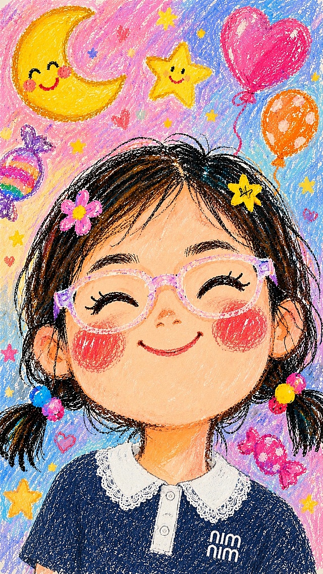 保持人物、表情、发型、背景和蜡笔手绘风格完全不变，只将小女孩的衣服替换为藏青色短袖polo衫，带有白色蕾丝花边娃娃领，领口有白色门襟纽扣设计，左胸口有白色nim字母logo，衣服用蜡笔质感绘制，与整体画风统一