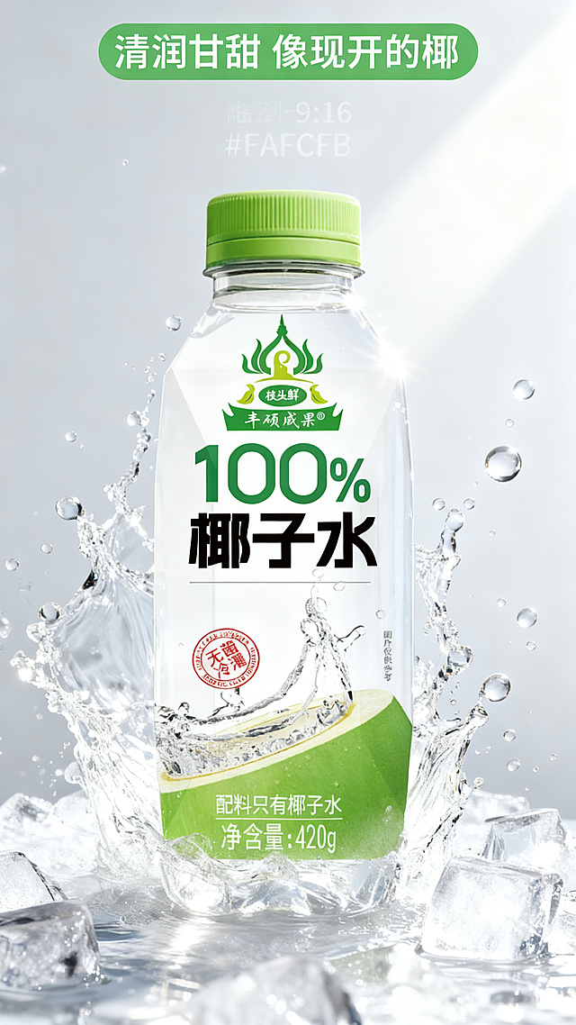 「图片1」，生成一套详情页，商品名称为椰子水，卖点配料干净，无菌冷灌，只有椰子水，含电解质，适配抖音/快手平台，单图比例为9:16，需求屏数为10张。