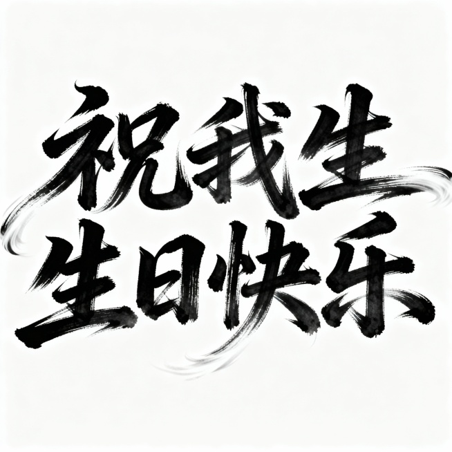 书法字体海报，“祝我生日快乐”六个字以狂野奔放的草书呈现，视觉张力强，富有动感，超粗笔画流畅飘逸，笔画巧妙延长变形，带有飞白效果，笔画流畅潇洒，干净背景，整体风格如同大师海报作品和电影海报预览效果