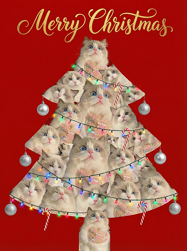 拼贴风圣诞树由拟人化猫咪组成，搭配彩灯与糖果手杖，卡通感十足，营造喜庆、可爱、温馨又趣味的节日氛围。