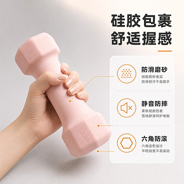[主图-2] 核心卖点图 硅胶材质与防滑握感，突出产品使用舒适度和品质感。
[统一基调] 国内电商运动活力风，清爽明亮；背景主色=浅灰渐变+柔和暖光；标题字色=深炭灰；辅助字色=中灰；强调色=活力橙；字体=粗黑体+简洁无衬线体；组件=圆角信息卡、细线图标、引线标注。
[画面] 使用【图1】中的硅胶哑铃（选取樱粉色款作为主体，视觉柔和）；保留骨头型握柄曲线、两端六角造型、硅胶磨砂质感和压印重量数字；去除原图杂物。画面主体为一只哑铃侧躺45度角展示，产品占画面约55%，位于画面偏左；右侧留白区放置卖点信息卡。画面中加入一只女性手部轻握哑铃握柄中部的特写，展示握持姿势和手感，手部姿态自然放松。
[光影质感] 商业摄影质感，柔和侧光突出硅胶表面细腻磨砂纹理和握柄曲线弧度，手部与哑铃接触自然，有真实接触阴影，整体光影干净立体。
[配色] 主背景浅灰渐变，产品樱粉色为主视觉色，强调色活力橙用于引线和图标高亮，整体柔和温馨有质感。
[文字版式] 右上主标题「硅胶包裹 舒适握感」；下方3个卖点图标+短文案：「防滑磨砂」「静音防摔」「六角防滚」；用细线从产品对应部位引出标注；文字横排，信息卡用圆角浅底，不遮挡产品主体。
[输出要求] 比例1:1，2048px，文字清晰，产品和手部细节清晰；负向：变形、错字、手指畸形、手部穿模、产品悬浮、冷蓝灰主色、竖排文字、杂乱背景。