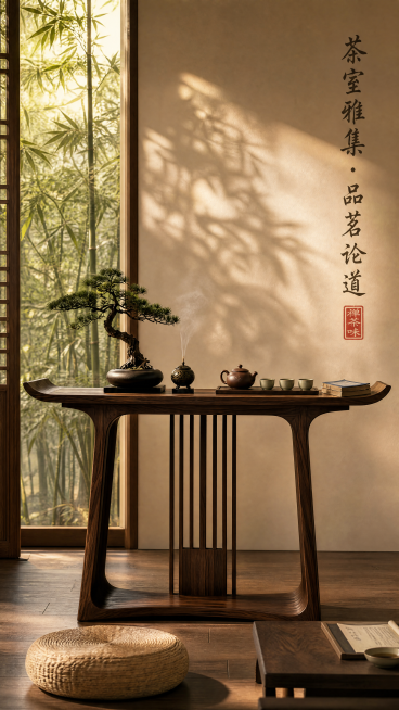 新中式禅意茶室场景图，竖版9:16比例，黑胡桃木翘头案作为茶室主桌，案上摆放茶具、香炉和线装书，背景是留白墙面与一扇半开木格栅窗，窗外竹影婆娑，室内放置蒲团和矮几，地面铺老木地板，整体色调为暖棕、米白预览效果