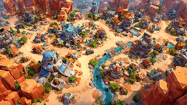King of Glory style, 5v5 MOBA canyon battlefield, thick paint,欧美 style, hero battle scene, defense tower, base crystal, river channel, jungle area --chaos 20 --ar 16:9
