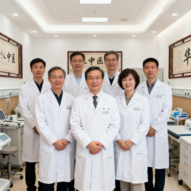 现代中医门诊，医师团队集体合影，朱向民医生带领团队，专业中医诊疗团队形象，明亮整洁环境预览效果
