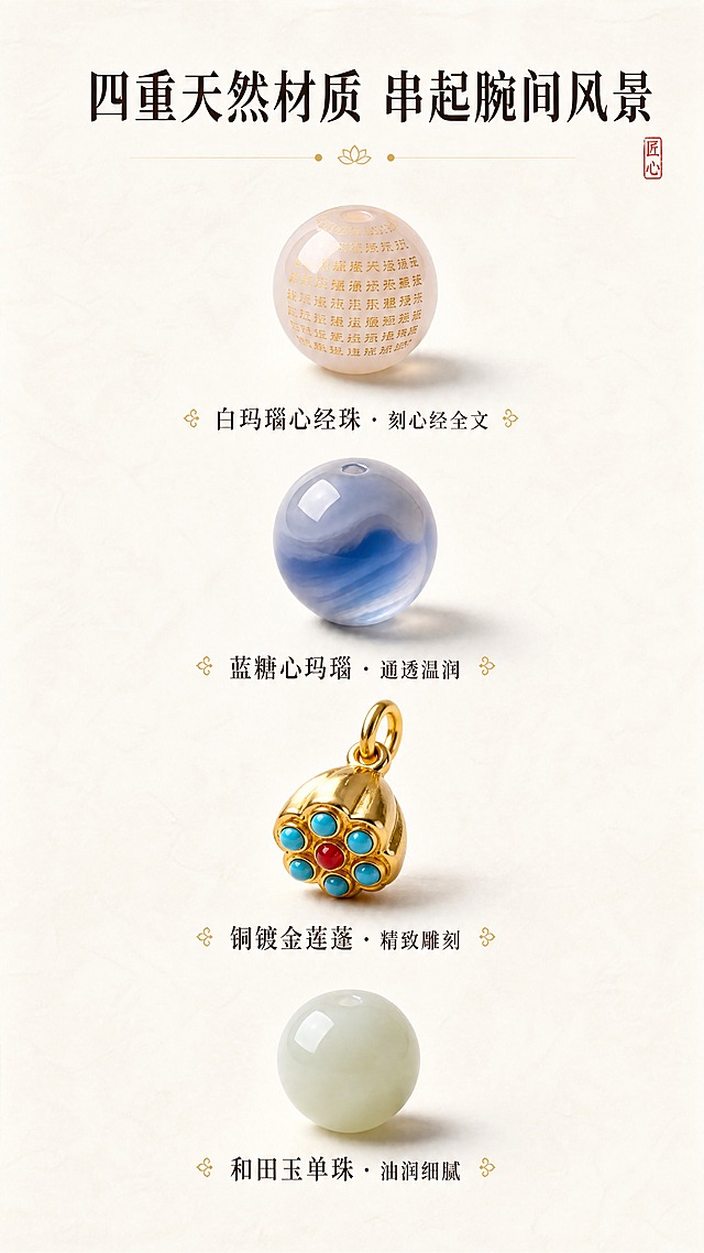 [商品] 使用【图1】蓝糖心玛瑙心经手串拆解的四种材质部件；从左到右依次为：1）白玛瑙心经珠：半透明白色圆珠，表面刻金色心经文字；2）蓝糖心玛瑙珠：雾霾蓝色半透明圆珠，带天然纹理；3）铜镀金莲蓬：金色莲蓬造型吊坠，镶嵌红蓝小宝石；4）和田玉单珠：淡青白色温润圆珠；保留每种材质的真实颜色、纹理、形状与质感。
[画面] 页面目标：材质拆解展示，突出四重天然材质价值。构图：竖版9:16，四种材质从上到下纵向排列（或2x2矩阵排列），每种材质单独展示，间距均匀；每种材质下方配小字标注名称与特点；背景纯白干净；整体排列整齐对称，视觉清晰；每种材质都有柔和侧光，体现各自的质感与光泽。
[视觉] 套系策略：风格=东方禅意新中式商业摄影；标题字=宋体/衬线体粗字；正文字=简洁宋体；主色=浅米杏+雾霾蓝；背景延展=基于浅米杏做深浅层级、同色渐变和细腻棉麻/宣纸质感；强调色=暖金色，仅用于小面积点缀、引线、标签和金属光泽；标题色=深棕褐；正文色=暖灰褐；组件=细线分隔、宣纸质感底纹、印章式点缀；光影=左前侧45度柔光，每件材质下方有轻微投影，立体感自然。
[文字] 画面顶部放主标题"四重天然材质 串起腕间风景"，横向居中；每种材质下方对应标注："白玛瑙心经珠 · 刻心经全文"、"蓝糖心玛瑙 · 通透温润"、"铜镀金莲蓬 · 精致雕刻"、"和田玉单珠 · 油润细腻"；字体为雅致宋体，主标题醒目，标注字清晰可读；文字全部横向排版。
[规格] 图片比例9:16竖版，4K，淘宝/天猫详情页适配；负向提示：避免变形、错字、文字过小、材质颜色偏差、形状失真、背景杂乱、排列不整齐、材质混淆、缺少标注。