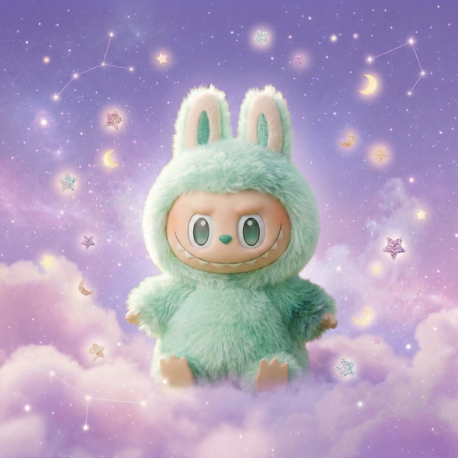 将绿色拉布布的背景替换为浅紫色梦幻星空背景，带有闪光星星、月亮、云朵和星座线条，玩偶保留原造型，无挂扣，整体风格和最后一张浅紫色拉布布完全一致，无多余文案预览效果