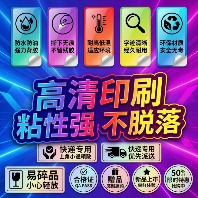 [主图主题] 高清印刷粘性强不干胶主图
[氛围/风格] 电商商业风格，炫彩质感，清晰醒目
[画面元素] 沿用参考图上方竖排实例下方不规则形状主标题的版式，上方展示5款不同设计的竖版不干胶标签实例，下方预览效果