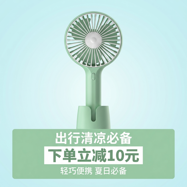 [主图 5] 手持小风扇促销信息展示图。
[氛围/风格] 清晰直观，突出优惠活动，吸引下单。
[画质] 商业摄影质感、光线柔和通透、产品清晰真实、画面干净高级。
[元素] 浅绿色手持折叠小风扇放置在画预览效果