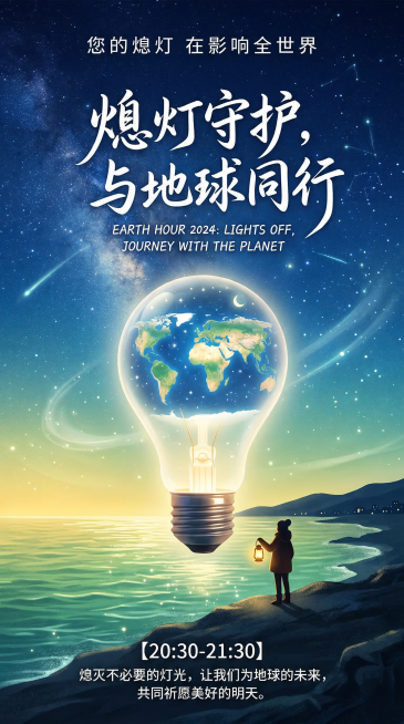 深蓝渐变夜空与黄绿渐变海面背景的地球一小时竖版公益海报，梦幻星空风，居中构图。中央是内部呈现地球地貌的发光巨型灯泡，旁侧有手持小灯的人物剪影。文字部分：顶部白色字 "您的熄灯 在影响全世界"，中部白色预览效果