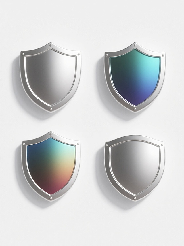 四个不同样式的盾牌图标，3D立体风格，白色背景，排列整齐，每个盾牌具有金属质感的银色边框，盾牌主体采用不同颜色的渐变填充，光影效果明显，高光和阴影过渡自然，表面光滑有光泽，具有现代感的设计，图标边缘清晰锐利，整体视觉层次分明，信息传达效率高，符合简洁明了的设计感。