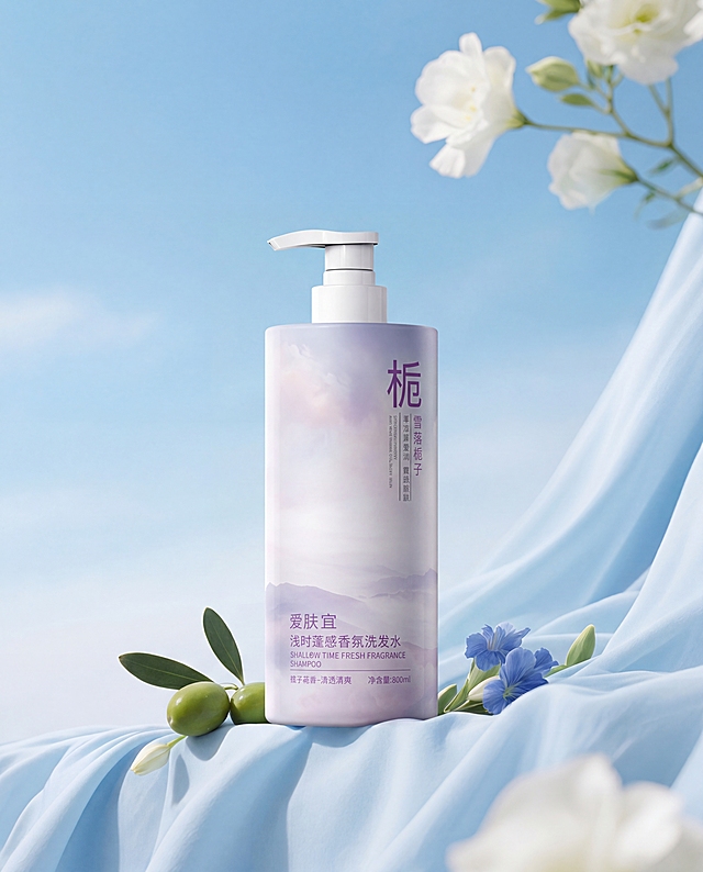 将图中原产品替换为图二的洗发水产品，保持整体清新自然的浅蓝色场景不变，对替换后的洗发水产品进行商业级精修，去除瑕疵划痕，增强光影立体感和材质明暗关系，提升整体质感与高级感，提高整体亮度，保持静物拍摄专业摄影风格，32K超细节