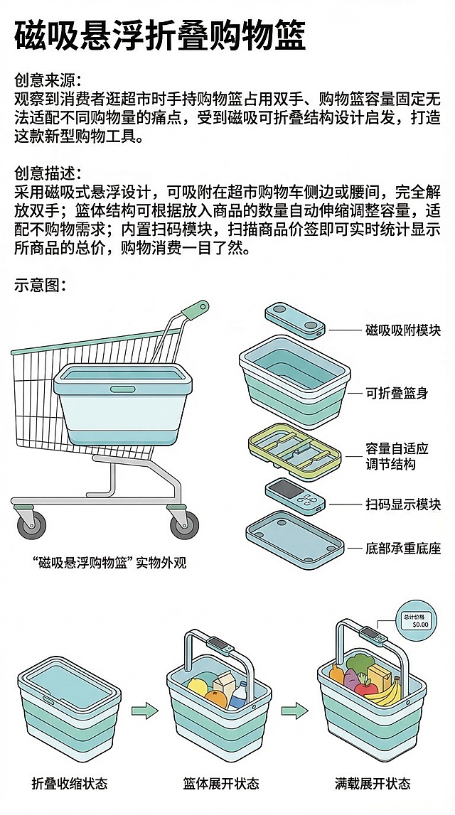 竖版产品创意海报，风格为简洁扁平设计，整体布局参考上传的巨无霸积木椅海报。标题为"磁吸悬浮折叠购物篮"，包含以下板块：创意来源：观察到消费者逛超市时手持购物篮占用双手、购物篮容量固定无法适配不同购物量的痛点，受到磁吸可折叠结构设计启发，打造这款新型购物工具。创意描述：采用磁吸式悬浮设计，可吸附在超市购物车侧边或腰间，完全解放双手；篮体结构可根据放入商品的数量自动伸缩调整容量，适配不同购物需求；内置扫码模块，扫描商品价签即可实时统计显示所选商品的总价，购物消费一目了然。示意图部分：左侧绘制磁吸悬浮购物篮的实物外观图，右侧为分层拆解示意图，依次标注磁吸吸附模块、可折叠篮身、容量自适应调节结构、扫码显示模块、底部承重底座；下方绘制购物篮从折叠收缩状态到满载展开状态的变化过程示意图。整体配色清新简洁，文字排版清晰易读，白色背景，所有文字使用无衬线字体