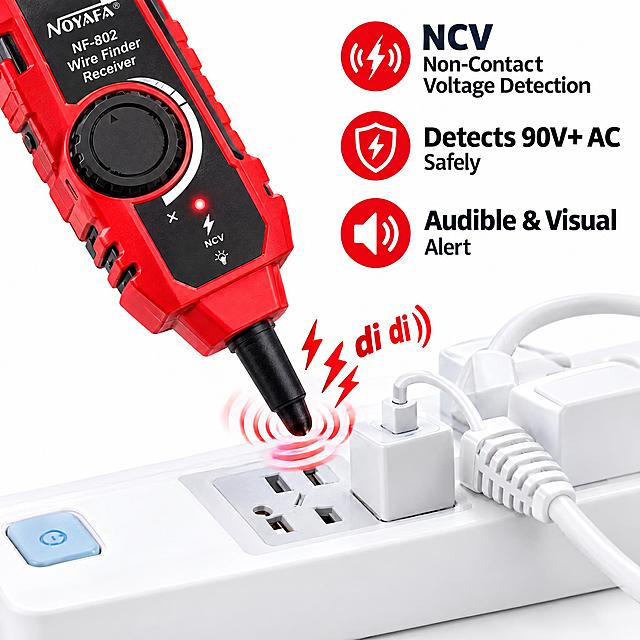 Amazon cross-border e-commerce main image, 1:1 ratio, realistic commercial advertising style, bright colors, balanced composition, high-definition product details, no distortion. Close-up shot of red Noyafa NF-802 wire finder receiver testing live electrical socket with NCV non-contact voltage detection function, red lightning effect and "di di" sound wave visualization near the probe, white power strip with plugs in background. Top right corner has English selling point text with icon: "NCV Non-Contact Voltage Detection", "Detects 90V+ AC Safely", "Audible & Visual Alert". Product body enlarged and prominent, professional studio lighting, clean white background, commercial product photography, --ar 1:1 --style raw --v 6.0 --s 250