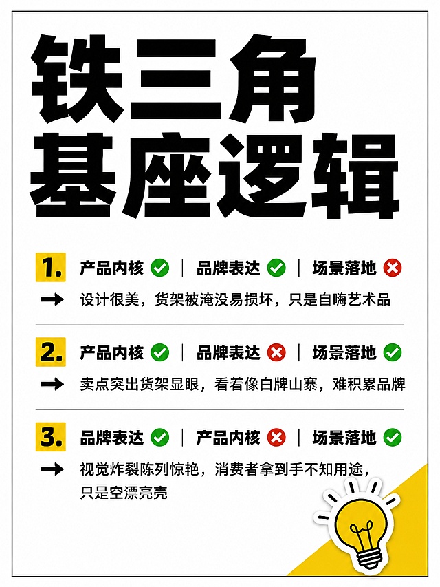 小红书笔记大字封面，纯大字，杂志海报风格，版式精美，小红书笔记封面质感，适合信息流点击。参考图3的版式风格，保持同样的简约排版，主标题必须完整呈现且为画面视觉中心，逐字锁定：「铁三角基座逻辑」。主标题字号占画面约40%视觉权重，清晰可读，不得增删改字。内容清晰列出三种组合结果：1.有产品内核+品牌表达，缺场景落地 → 设计很美，货架被淹没易损坏，只是自嗨艺术品；2.有产品内核+场景落地，缺品牌表达 → 卖点突出货架显眼，看着像白牌山寨，难积累品牌；3.有品牌表达+场景落地，缺产品内核 → 视觉炸裂陈列惊艳，消费者拿到手不知用途，只是空漂亮壳。背景：白色纯色背景，仅右下角小面积点缀主色调#fcdb14。整体配色不超过三个颜色：白、黑、#fcdb14，保持和参考图一致的简约高级感。标题排版：扁平粗黑体，每种组合分行分块排布，要素名称加粗，用绿色对勾标记有，红色叉号标记缺，信息层级清晰。装饰：和参考图保持一致，简单黑色细框线，一个灯泡emoji贴纸放置在右下角。整体氛围：设计干货总结，简约高级，逻辑清晰。画质：高清细腻，信息层级清晰，主标题与背景强对比，文字完整处于安全区内不可裁切，四周留安全边距。画面比例 3:4，4K。