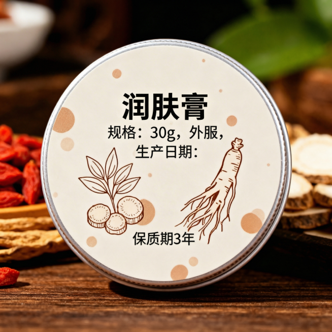 提高整体颜色饱和度，让包装颜色更鲜亮，去除图中间重复多余的“日期：”文字，保留正确文字：润肤膏 规格：30g，外服，生产日期： 保质期3年预览效果