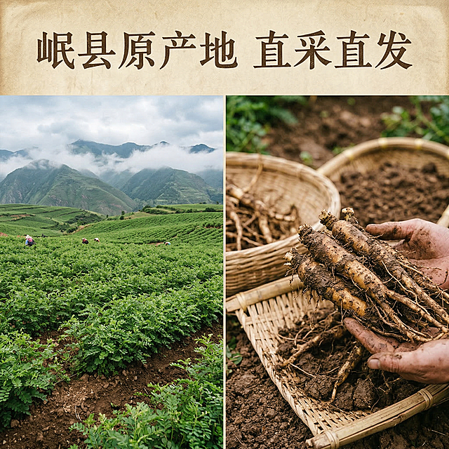 4. [主图 4：产地直发优势] 整体画面采用拼幅设计，左侧为岷县原产地黄芪种植基地实拍图，远山云雾缭绕，土地肥沃，右侧放大展示采挖出来带泥土的新鲜黄芪根，上方用复古宋体字写着"岷县原产地 直采直发"，保持光影统一，古香古色高级感，2k分辨率