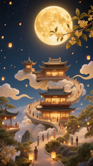 暖金色调，顶部设超大暖金圆月；圆月前点缀桂花枝，中下层借 S 型祥云贯穿，分层错落排布中式楼阁（上层小阁、中层主阁、下层复阁 ）；人物层于楼阁平台和云间小径点缀游园群像，背景明亮夜空，点缀小灯笼预览效果