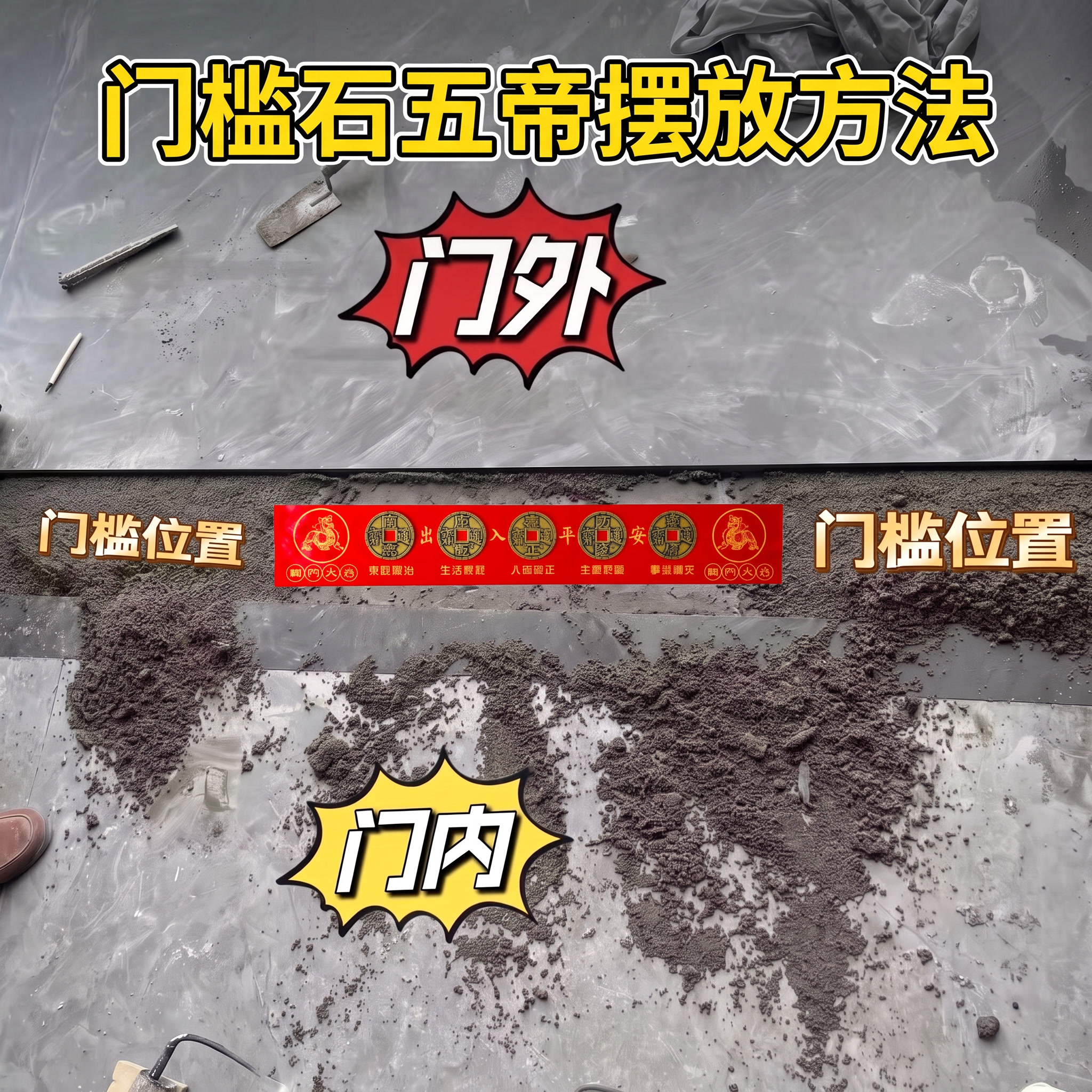 在图片最上方添加文案“门槛石五帝摆放方法”，文字为黄色字体带白… - 图片创意预览