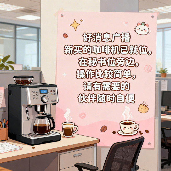 一张可爱风格的公司通知海报，主体是崭新的咖啡机，画风活泼温馨。包含完整文案："好消息广播 新买的咖啡机已就位，在秘书位旁边，操作比较简单，请有需要的伙伴随时自便"，移除行政部相关内容，整体设计可爱明亮预览效果