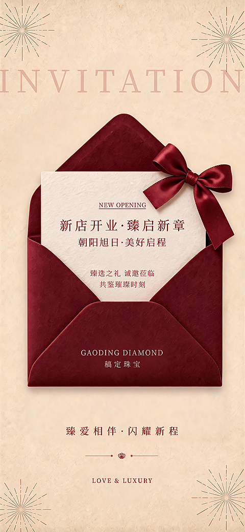 高端珠宝美业行业新店开业红色信封邀请函海报