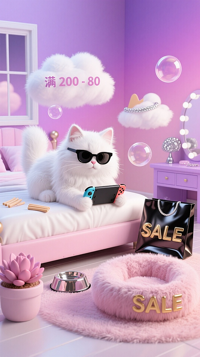 雪白布偶猫蜷在奶白飘窗垫上，戴黑框墨镜玩 switch，云朵气泡里是猫条、“满 200-80” 气泡标识。点缀绒面猫窝、水晶食盆、粉色多肉、亮面黑购物袋（印烫金 “SALE”）、浅紫梳妆台和银色发箍，背景粉紫渐变，卧室氛围甜酷，高饱和粉银配色吸睛。