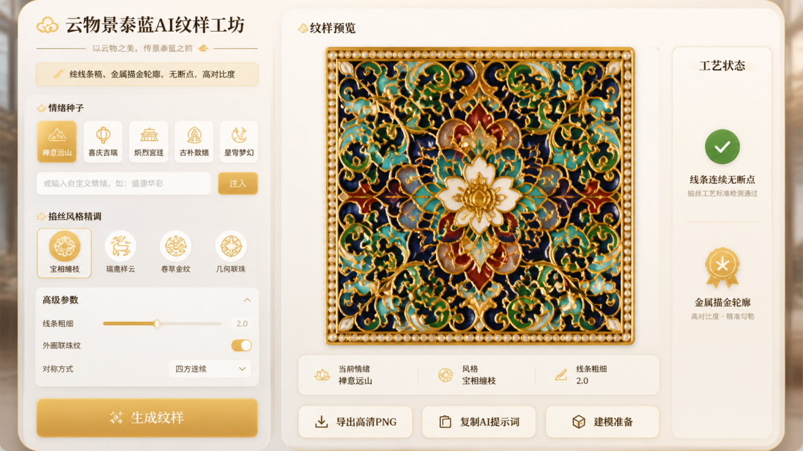 云物景泰蓝AI纹样工坊网站界面设计，全中文界面。整体风格为东方雅致与现代玻璃质感结合，主色调为象牙白（#FDF7F0）、鎏金（#D9A15C）和深檀木（#3A2F24），页面左右两栏布局。

左侧面板预览效果