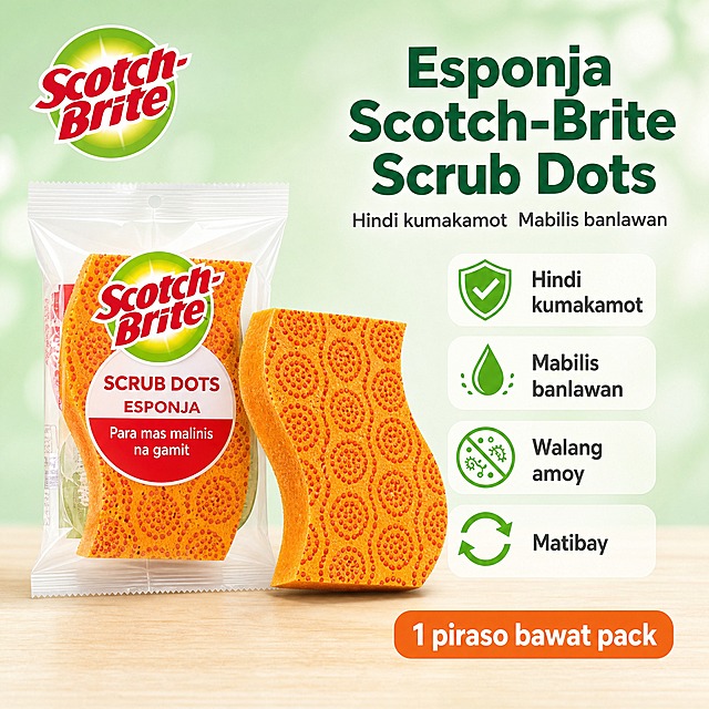 [主图-1] 首图产品识别与购买欲，Shopee菲律宾移动端风格，突出Scotch-Brite圆点海绵百洁布，吸引眼球不单调。
[统一基调] 菲律宾Shopee东南亚风格，明亮暖亮洁净感，主色薄荷浅绿+暖白+橙色品牌点缀，标题深绿粗体无衬线，辅助字深灰，图标用绿色盾牌/水滴/循环等简洁线性图标，圆角轻量信息卡，整体信息丰富但层级清晰，移动端一眼看懂。
[画面] 产品居中偏左，占画面约60%，包含1包独立透明包装的Scotch-Brite Scrub Dots海绵百洁布 + 1片取出的橙色圆点海绵，包装上保留Scotch-Brite品牌Logo但去掉所有3M相关标识和文字，海绵为橙色带红色圆点凸点纹理、波浪形人体工学造型、双面结构。右侧和底部布置4个菲律宾语卖点图标模块：不刮伤、快速冲洗、无异味、耐用。背景是浅薄荷绿渐变+柔和高光，底部浅木色桌面，产品有自然接触阴影，左上角保留Scotch-Brite品牌Logo。
[光影质感] 商业摄影质感，主光左上方45度，柔和高光，海绵多孔材质真实，包装塑料膜有轻微反光，整体明亮通透洁净。
[配色] 主背景薄荷浅绿渐变，底部暖木色，标题深绿色，辅助文字深灰色，强调色橙色（品牌色），图标绿色。
[文字版式] 全部菲律宾语文案，无中文。右上角大标题粗体"Esponja Scotch-Brite Scrub Dots"，副标题"Hindi kumakamot  Mabilis banlawan"。右侧4个图标+短词竖排："Hindi kumakamot"（盾牌对勾图标）、"Mabilis banlawan"（水滴图标）、"Walang amoy"（细菌禁止图标）、"Matibay"（循环箭头图标）。底部圆角信息条"1 piraso bawat pack"。
[输出要求] 1:1正方形，2048px，文字清晰可读，产品清晰不变形，无3M标识无3M文字，无水印无平台Logo，无杂乱元素。