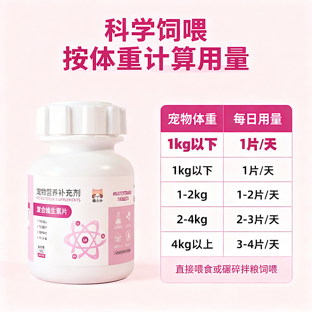【主图5：用法用量促销】
[垫图] https://gdesign-dam-hz.dancf.com/35900011017915455/5defab26750a43ad896eede0ff9dde47.png
[主图主题] 饲喂说明 日常营养补充
[氛围/风格] 干净专业，温暖简洁风格
[画面元素] 产品放置在画面左侧，右侧清晰展示不同体重对应的饲喂用量表格，背景为浅暖粉色，整体干净通透，产品原包装文字图案保持不变
[配色色系] 主色调：浅暖粉色，白色背景；表格边框浅粉色，文字深灰色，配色柔和
[视角构图] 左产品右说明左右排版，均衡舒适
[文字版式] 顶部主标题“科学饲喂 按体重计算用量”，加粗深粉色。右侧表格，表头“宠物体重”和“每日用量”加粗，四行内容分别是“1kg以下 1片/天”、“1-2kg 1-2片/天”、“2-4kg 2-3片/天”、“4kg以上 3-4片/天”，底部标注“直接喂食或碾碎拌粮饲喂”，字体清晰，排版整齐，不遮挡产品
[分辨率] 2k 分辨率