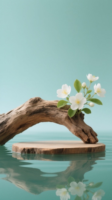 写实风格静物摄影，画面中心是一块自然形态的浅棕色木头展台，其表面纹理清晰，一端稍显粗壮，另一端延伸出分支，几朵盛开的白色花朵（花瓣纯净，花蕊呈淡黄色）与嫩绿叶片从木头展台一侧优雅探出，木头展台底部浸于平静的水面，水面泛着柔和的青绿色光泽并清晰倒映出木头与花朵的轮廓，整体画面采用青绿色与浅棕色为主的配色方案，背景为简洁的渐变浅青色，光线柔和均匀地洒在主体上，营造出宁静、清新、自然的氛围，画面构图……预览效果