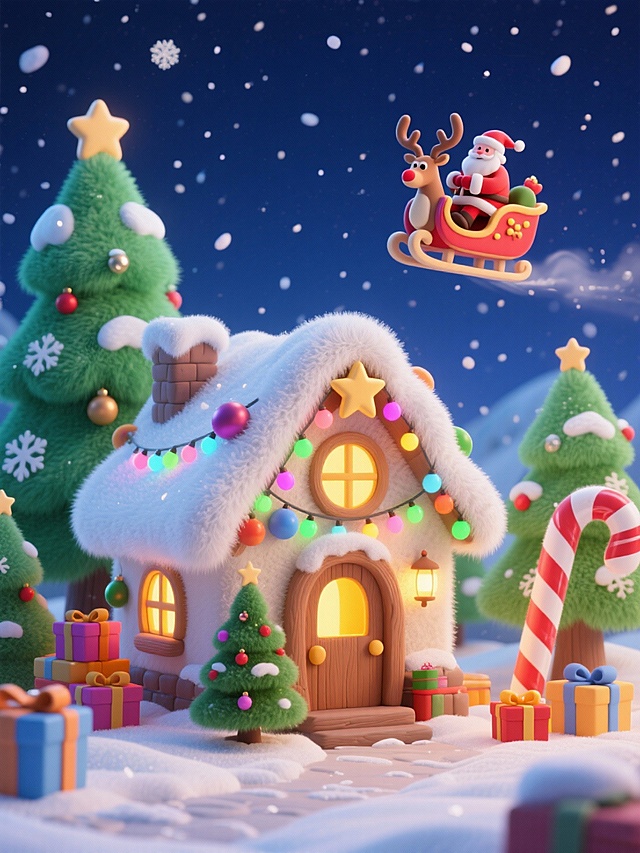 软3D粘土风圣诞场景，梦幻温馨的童话小屋点缀彩灯与礼物，卡通感十足的圣诞老人驾鹿车飞过夜空，满载喜庆与可爱。
