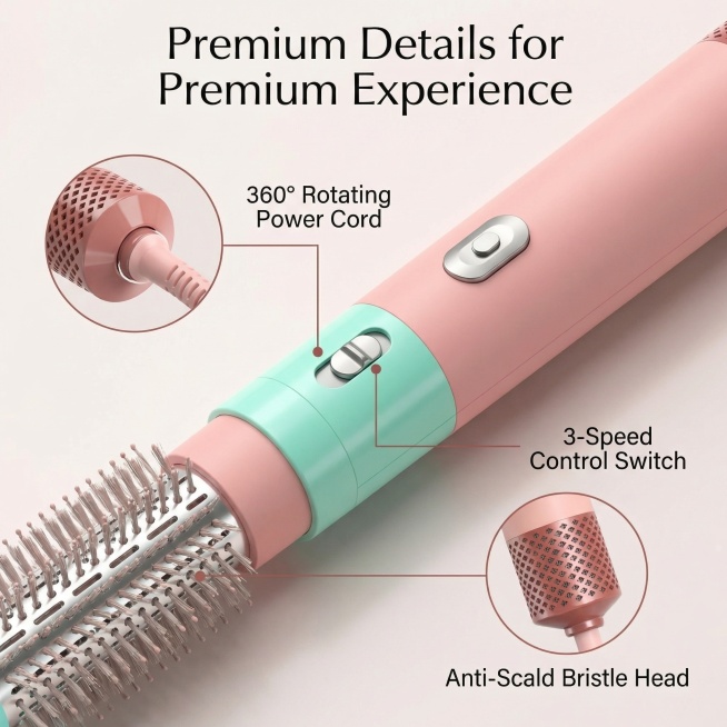 [Main Image 4] Detail close-up showcase of the 5-in-1 Hot Air Comb. Highlight the key details: 360°预览效果