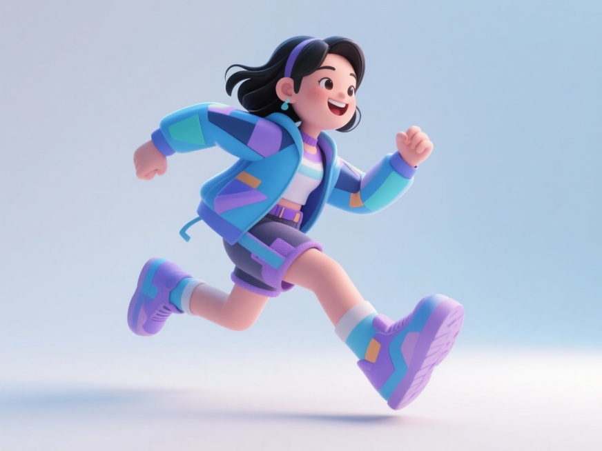 3D插画风格的亚洲女青年，光滑磨皮的皮肤，炫酷穿搭，黑头发，面带开心的笑容，呈现奔跑的动态造型，画面展现全身，充满青春活力，以蓝色和浅紫色为主色调，纯白色背景，C4D渲染效果预览效果