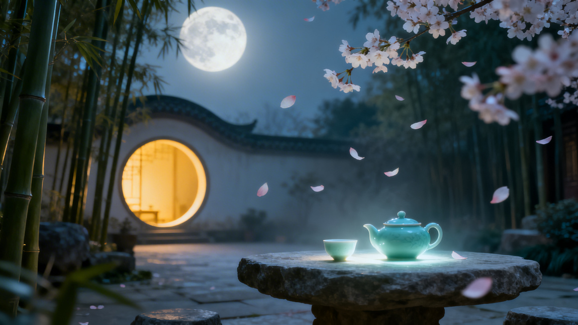 夜晚温馨治愈梦幻的场景，融入中式美学配色，氛围静谧雅致，整体风格柔梦幻，带有东方意境。预览效果