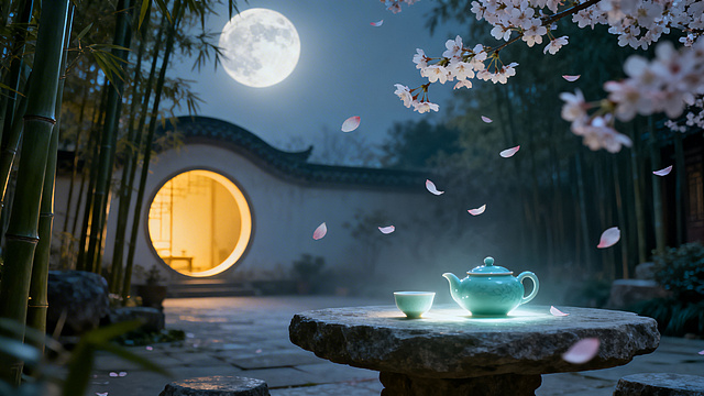 夜晚温馨治愈梦幻的场景，融入中式美学配色，氛围静谧雅致，整体风格柔梦幻，带有东方意境。