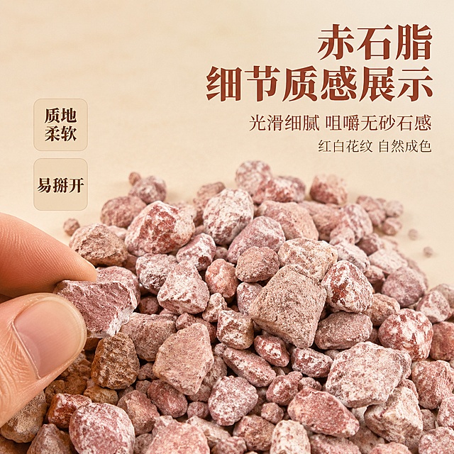 [主图-2] 赤石脂细节质感展示图
[氛围风格] 质朴自然写实风 微距质感 突出材质细节
[画质] 商业摄影质感 光线柔和通透 产品清晰真实 画面干净高级
[元素] 赤石脂颗粒特写铺满画面中下部 颗粒大小不一 红白相间花纹清晰 表面细腻光滑带粉质感 部分颗粒呈现掰开后的断面 展示内部柔软质地 背景为浅米色哑光台面 干净简洁 右上角留白放置文案 左下角有一只手指轻轻捏住一块赤石脂 展示易掰开的特性 保持赤石脂外观 即物理结构 材质质感 颜色 与输入产品图绝对一致 杜绝任何变形和色差 精细化处理 商品主体占比严格控制在65%左右 画面满屏无边框
[光影] 顶部柔光箱均匀布光 突出颗粒表面细腻质感和粉霜感 侧后方微弱轮廓光勾勒颗粒边缘 整体光线柔和均匀 无硬阴影 真实展现矿石质地
[配色] 主色赤红色 土粉色 白色花纹 辅色浅米色背景 肤色手指 整体暖调干净
[视角构图] 微距俯视角度 主体铺满中下区域 右上留白 景深浅 前景颗粒清晰锐利 背景轻微虚化 突出材质细节
[文字版式] 右上负空间右对齐留安全边距 三行主辅文案不压产品 大字主文案 细腻质感 红棕色最大号粗体宋体 第二行 光滑细腻 咀嚼无砂石感 约半高 同色略浅 第三行 红白花纹 自然成色 更小一号 左侧中部两个小卖点卡竖向排列 上卡 质地柔软 下卡 易掰开 浅米色底深棕字 圆角小卡片 文字清晰可读 无逗号 无说明词
[输出要求] 1:1比例 文字清晰锐利 画面超高清商业摄影质感
[负向提示词] 变形 文字错乱 产品图模糊 背景杂乱 水印 电商平台Logo 中药材 种植 野生 晒干 日晒 干片 干度 批发 零售