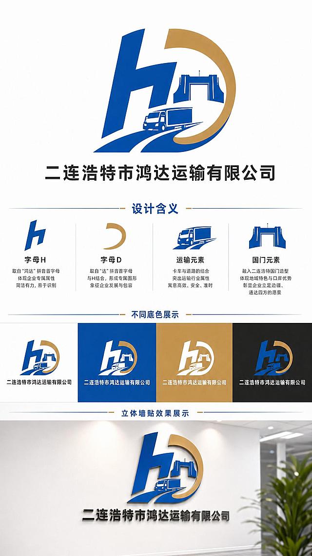 将图二logo修改为图一的完整设计风格，保留已替换的正确国门造型，添加含义说明分区和不同底色展示以及立体墙贴效果展示，保持整体设计风格和图一完全一致，配色保持蓝金搭配，不包含蒙古包
