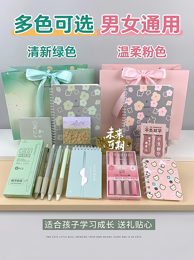 [主图-5] 小清新文具套装颜色SKU展示
[氛围风格] 干净整齐，清晰直观方便选择
[画质] 商业摄影质感，光线柔和通透，画面干净高级
[元素] 绿色款和粉色款两个颜色的文具套装并列展示，绿色在左侧粉色在右侧，两个颜色套装都完整呈现，保持每个颜色产品设计、材质、内容一致，仅颜色区分。背景为浅纯色，两个颜色间距适中，商品主体占比约70%，画面满屏无边框。
[光影] 均匀柔和光线，两个颜色套装都清晰展示，色彩还原准确，光线自然没有阴影。
[配色] 绿色款清新薄荷绿，粉色款温柔樱花粉，背景浅灰色衬托两个颜色，对比清晰。
[视角构图] 水平并排平视构图，两个套装都完整展示，排列整齐，构图均衡。
[文字版式] 顶部大标题多色可选 男女通用，下方对应绿色款标注清新绿色，粉色款标注温柔粉色，文字在产品上方不遮挡主体，颜色对应产品色，清晰易读。底部浅信息条标注适合孩子学习成长 送礼贴心，简洁明了。
[比例分辨率] 3:4 比例，2k 分辨率，文字清晰锐利，画面超高清
[负向提示词] 变形，水印，文字错乱，产品图模糊，背景杂乱，文字遮挡主体