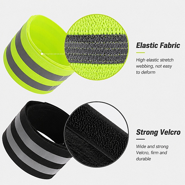 Amazon UK outdoor sports commercial photography, 8K realistic high definition, outdoor natural light, clean low saturation background, only English text no Chinese, no watermark no clutter, well-composed, 1:1 square. Image 3: fabric elasticity + velcro core detail diagram. Left and right dual module circular magnified close-ups: upper layer shows high elastic stretch webbing that does not deform when stretched; lower layer shows wide strong velcro close-up, with English subtitles "Elastic Fabric" / "Strong Velcro", highlighting fabric and fastener two major process advantages.