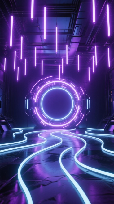 3D渲染的赛博朋克风格科技场景，中央是巨大的发光圆环结构，地面由多条弯曲的发光线条组成，上方悬挂着许多细长的发光条，整体呈现深邃的暗紫色调，霓虹灯光效果强烈，光影对比鲜明，营造出未来感和科技氛围，空间感十足，光线从圆环中心向外扩散，照亮整个场景，线条流畅且富有动感，材质表现为光滑的金属和发光材质的结合。预览效果