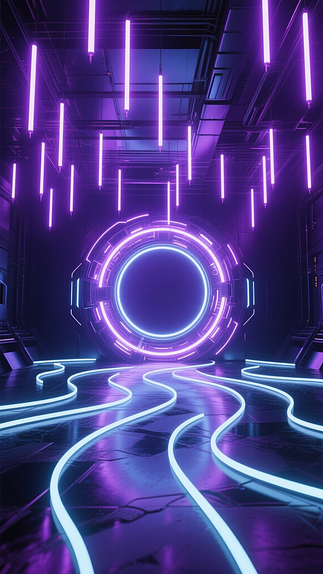 3D渲染的赛博朋克风格科技场景，中央是巨大的发光圆环结构，地面由多条弯曲的发光线条组成，上方悬挂着许多细长的发光条，整体呈现深邃的暗紫色调，霓虹灯光效果强烈，光影对比鲜明，营造出未来感和科技氛围，空间感十足，光线从圆环中心向外扩散，照亮整个场景，线条流畅且富有动感，材质表现为光滑的金属和发光材质的结合。