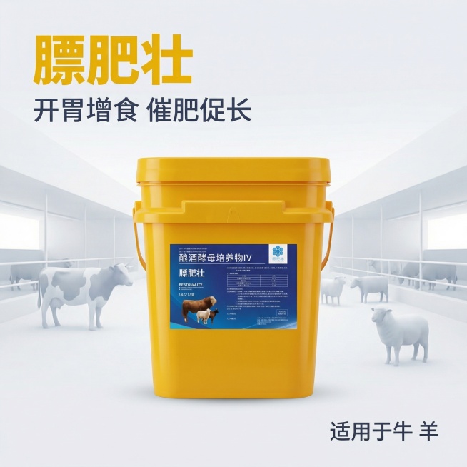 [主图 1 首图] 膘肥壮牛羊饲料添加剂产品主图，风格简约专业。产品是黄色桶包装膘肥壮，居中放置，占画面50%-70%，背景为干净简洁的浅灰色渐变畜牧场景，光影柔和。主标题文案 "膘肥壮" 使用大号黄预览效果