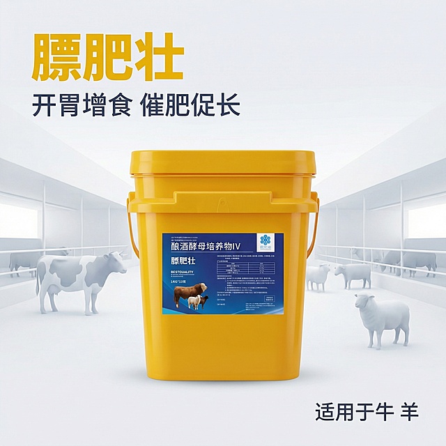 [主图 1 首图] 膘肥壮牛羊饲料添加剂产品主图，风格简约专业。产品是黄色桶包装膘肥壮，居中放置，占画面50%-70%，背景为干净简洁的浅灰色渐变畜牧场景，光影柔和。主标题文案 "膘肥壮" 使用大号黄色无衬线粗体字，放置于画面左上角。副标题 "开胃增食 催肥促长" 使用较小的深灰色字放置在主标题下方。右下角标注 "适用于牛 羊"。整体风格简约高级，清晰突出产品主体，文字不遮挡产品主体，保持画面呼吸感。产品外观需与原图保持一致。