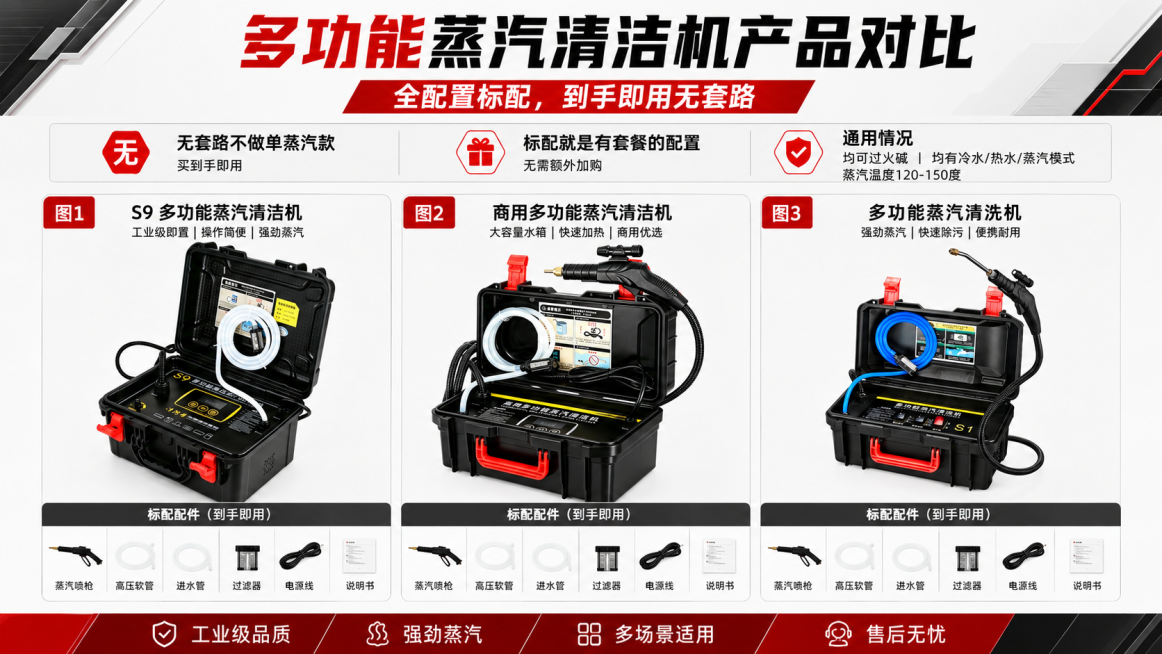 专业电商对比海报，展示三款多功能蒸汽清洁机，图1、图2、图3依次排列，主标题为“多功能蒸汽清洁机产品对比”，副标题为“全配置标配，到手即用无套路”，卖点文字：无套路不做单蒸汽款，买到手即用，标配就是有预览效果